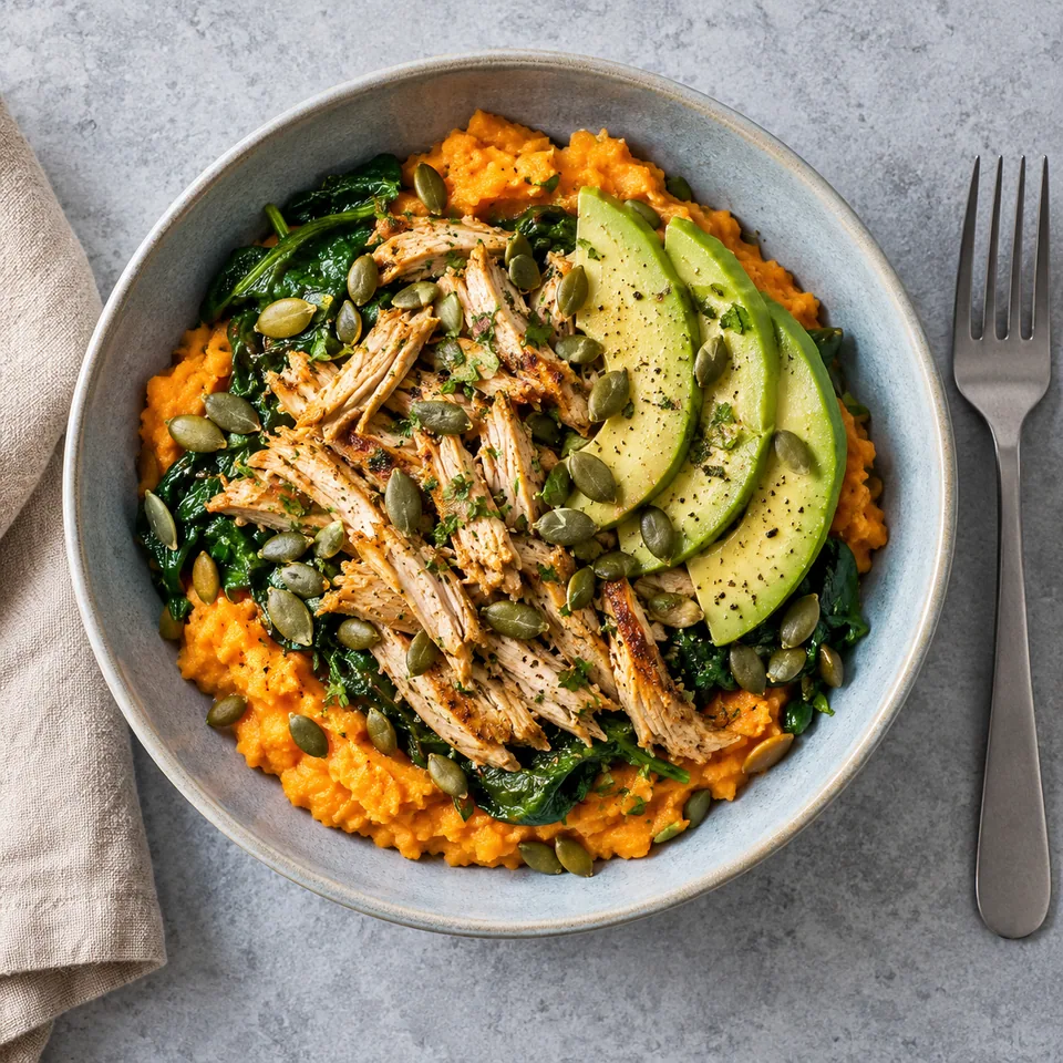 Bol du matin au poulet effiloché et à la patate douce : purée orange, lamelles d'avocat, poulet effiloché, épinards et graines de courge sur assiette grise.