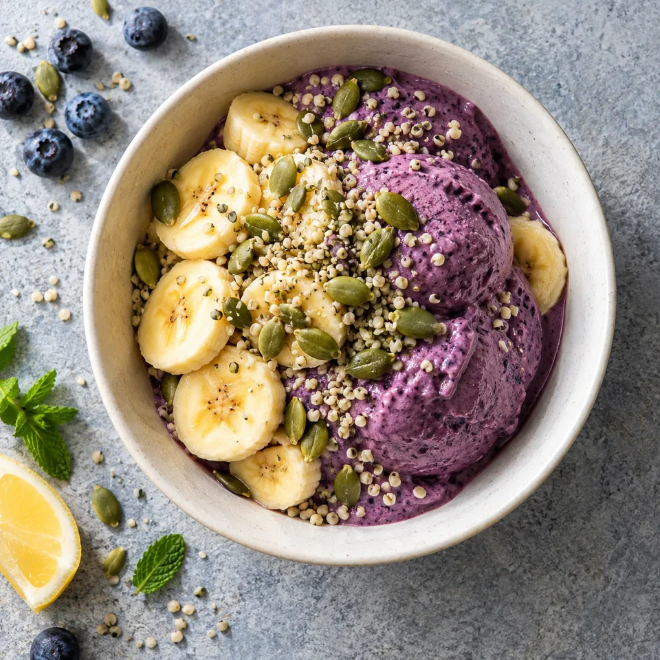 Bol glacé myrtille-banane au tofu soyeux : crème violette, rondelles de banane et graines croustillantes.