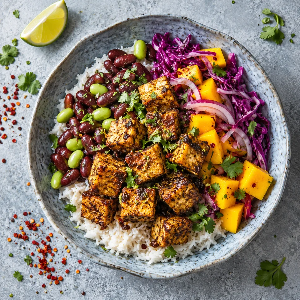 Bol jamaïcain au tofu jerk : riz crémeux, tofu doré, haricots rouges, fèves de soja, chou rouge, oignon rouge et dés de mangue dans un bol en grès.