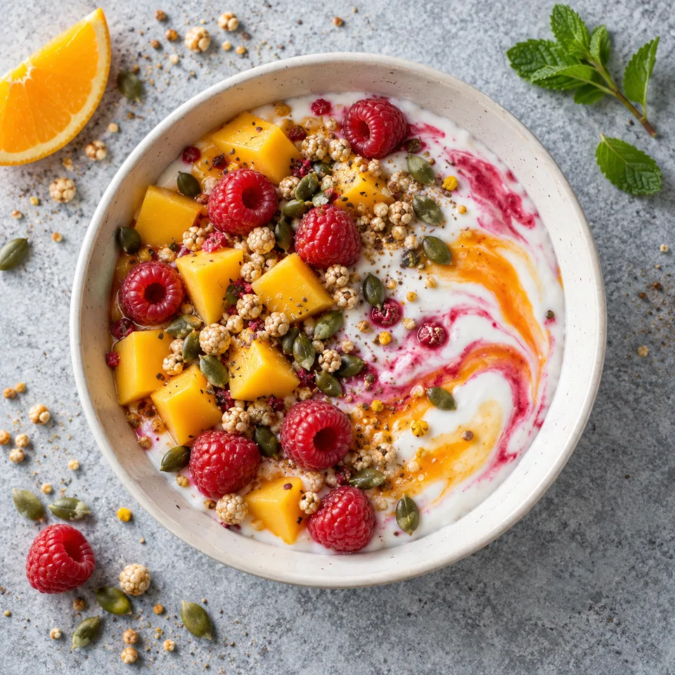 Bol licorne au skyr et fruits colorés : skyr blanc marbré de rose et d'orange, mangue, framboises, céréales et graines de courge.