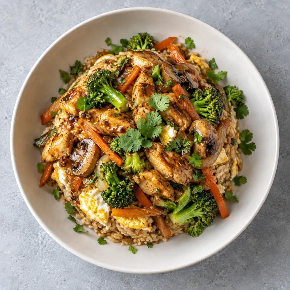 Bol renversé mauricien au poulet : riz en dôme, poulet sauté, légumes colorés et œufs cuits, sur assiette blanche.