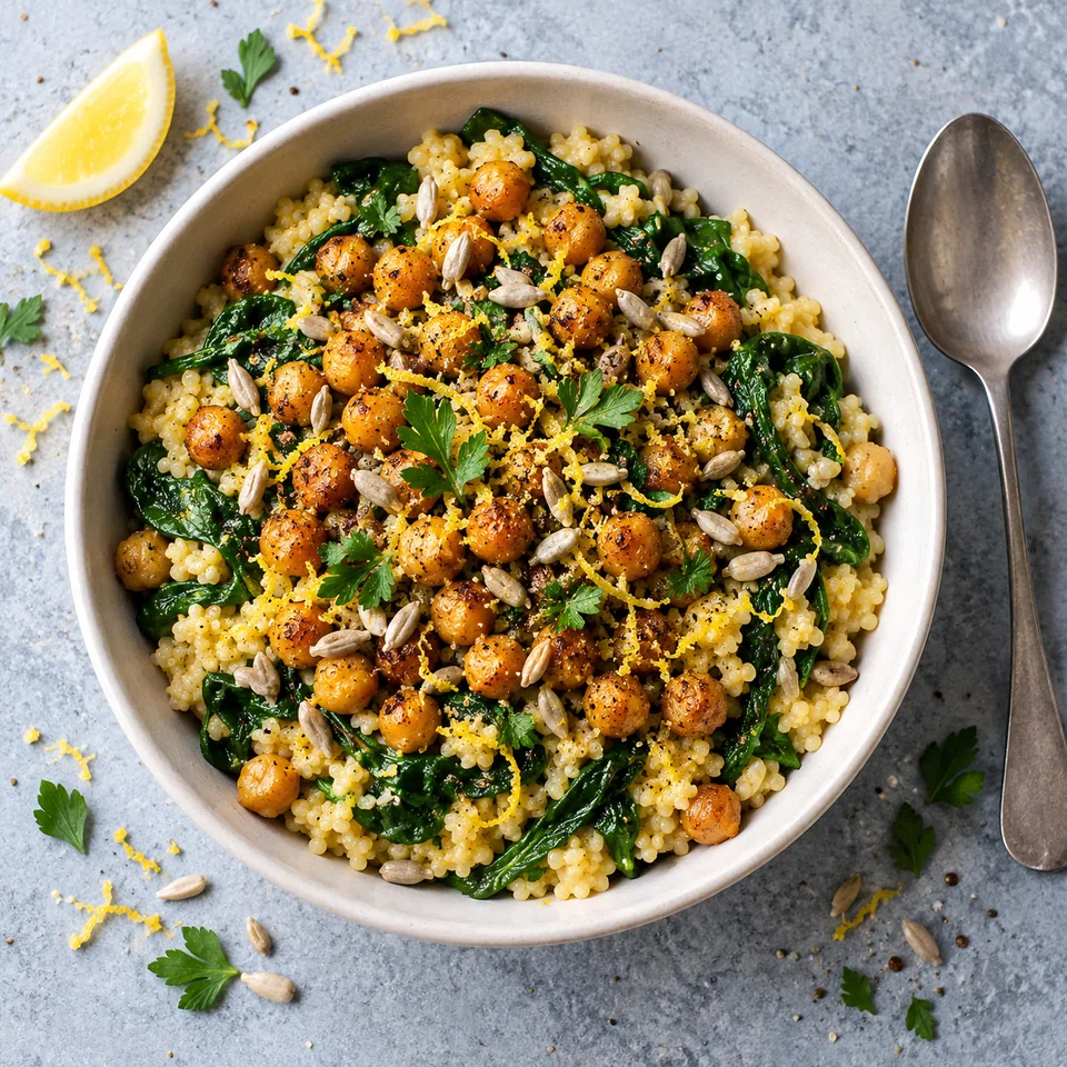 Bol de millet aux pois chiches croustillants et épinards, garni de graines de tournesol et zeste de citron.