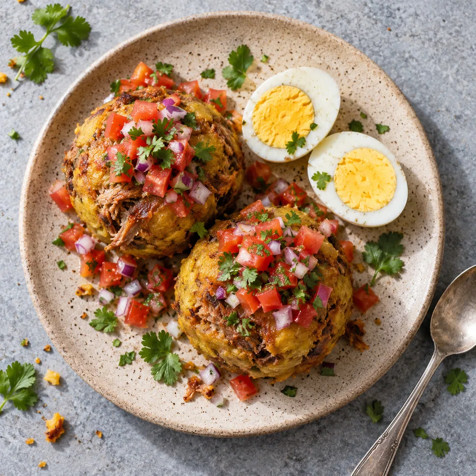 Bolón de verde : deux boules de plantain croustillantes et dorées, accompagnées d'une salsa tomate coriandre fraîche et de deux moitiés d'œuf dur.