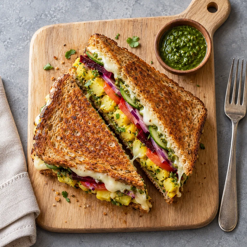 Sandwich Bombay aux légumes et chutney vert, grillé et coupé en deux sur une planche en bois.