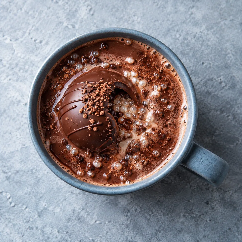 Bombes de chocolat chaud au cacao dans un mug bleu-gris, sphère de chocolat fondu dans le lait brun avec billes de sucre.