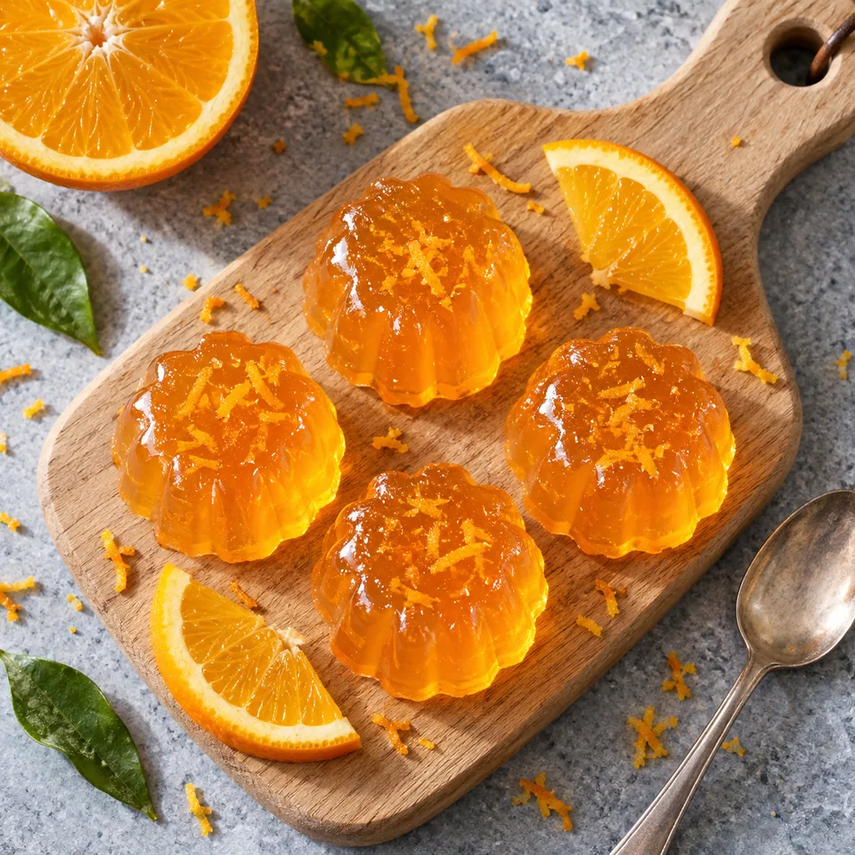 Bonbons gélifiés maison à l’orange : quatre pièces translucides orange brillant avec zeste visible sur une planche en bois.