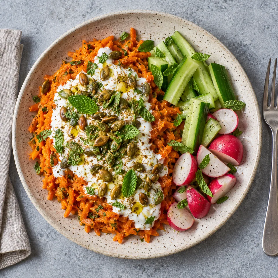 Borani de carottes au yaourt : carottes râpées nappées de yaourt blanc, menthe verte, graines de courge dorées, accompagnées de bâtonnets de concombre et demi-radis rouges sur assiette beige.