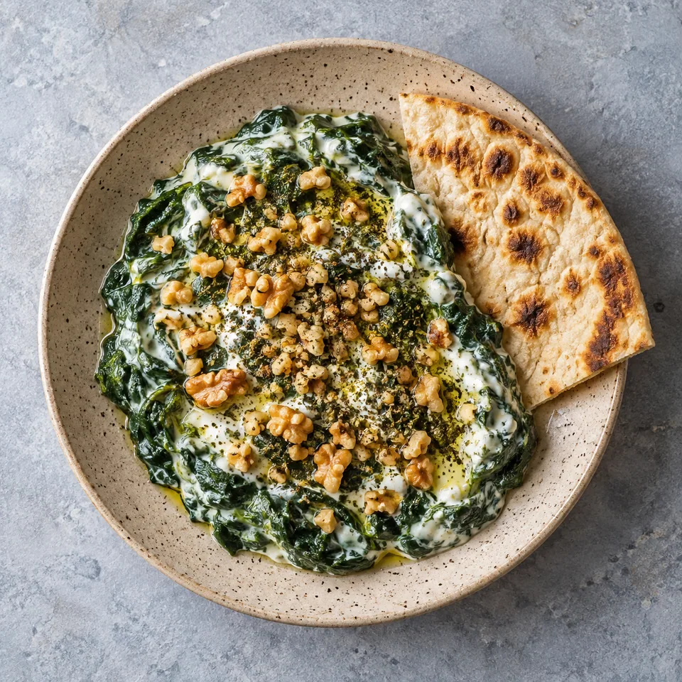 Borani esfenaj, épinards au yaourt : portion crémeuse verte parsemée de noix et accompagnée de pain lavash grillé sur assiette beige.