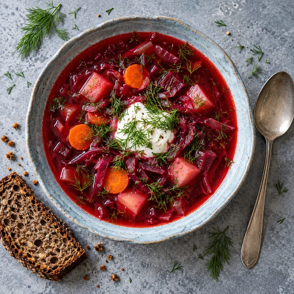 Bortsch, soupe de betterave, chou et aneth : bol bleu-gris avec soupe rouge, crème et aneth, accompagné de pain de seigle.