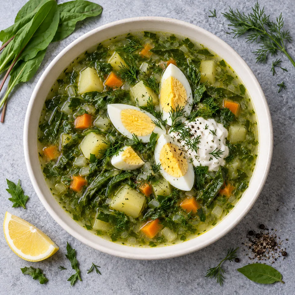 Bortsch vert à l’oseille et œufs durs dans un bol blanc cassé, avec dés de légumes, œufs durs et fromage blanc.