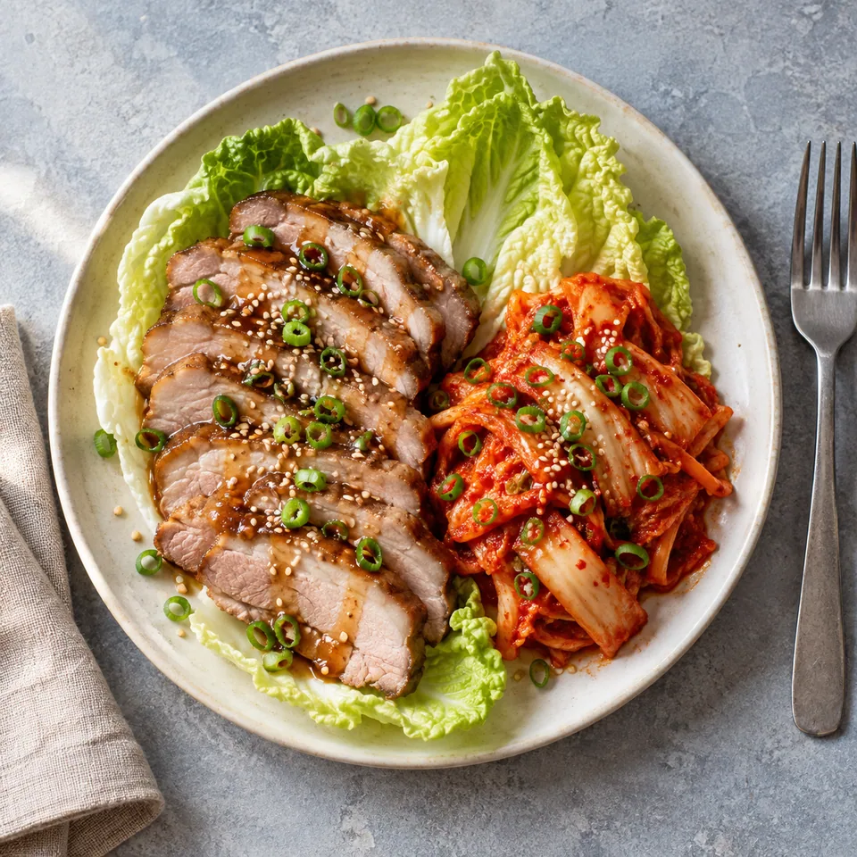 Bossam : tranches de porc, chou blanc et kimchi rouge sur assiette blanche, parsemé de sésame et ciboule.