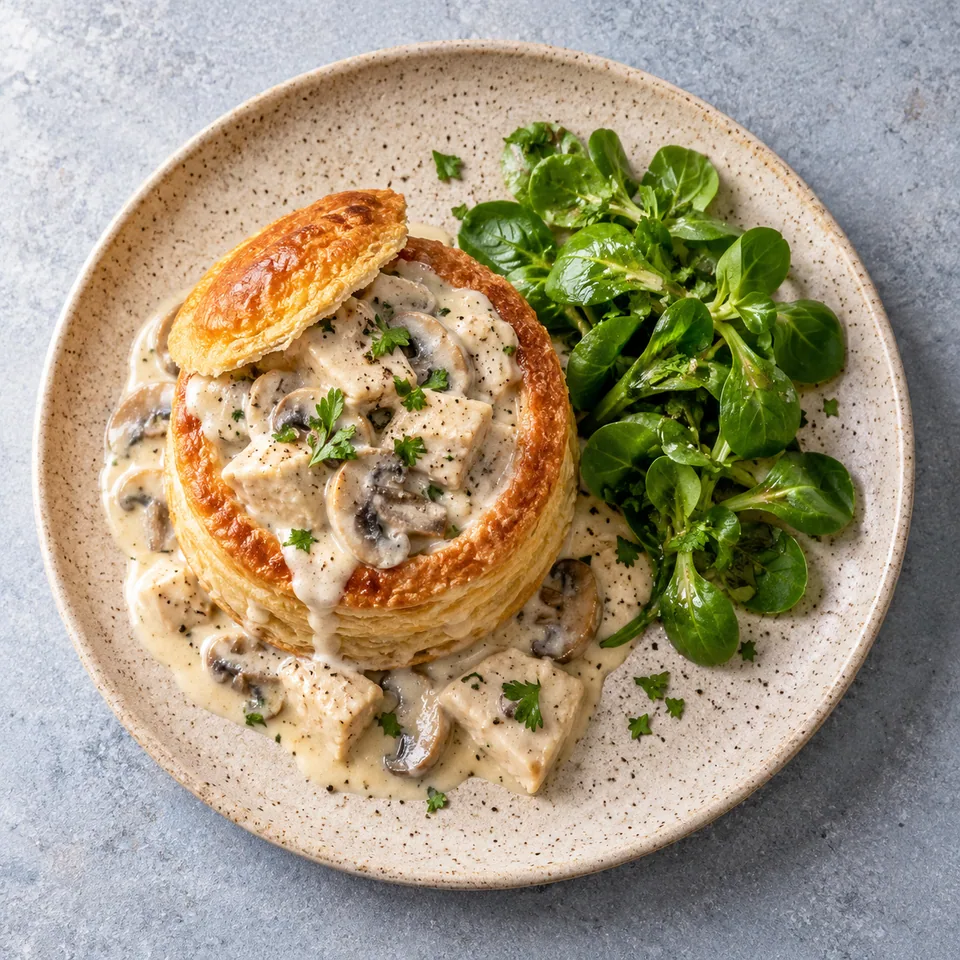 Bouchées à la reine au poulet et champignons sur assiette beige, sauce crémeuse et salade verte.