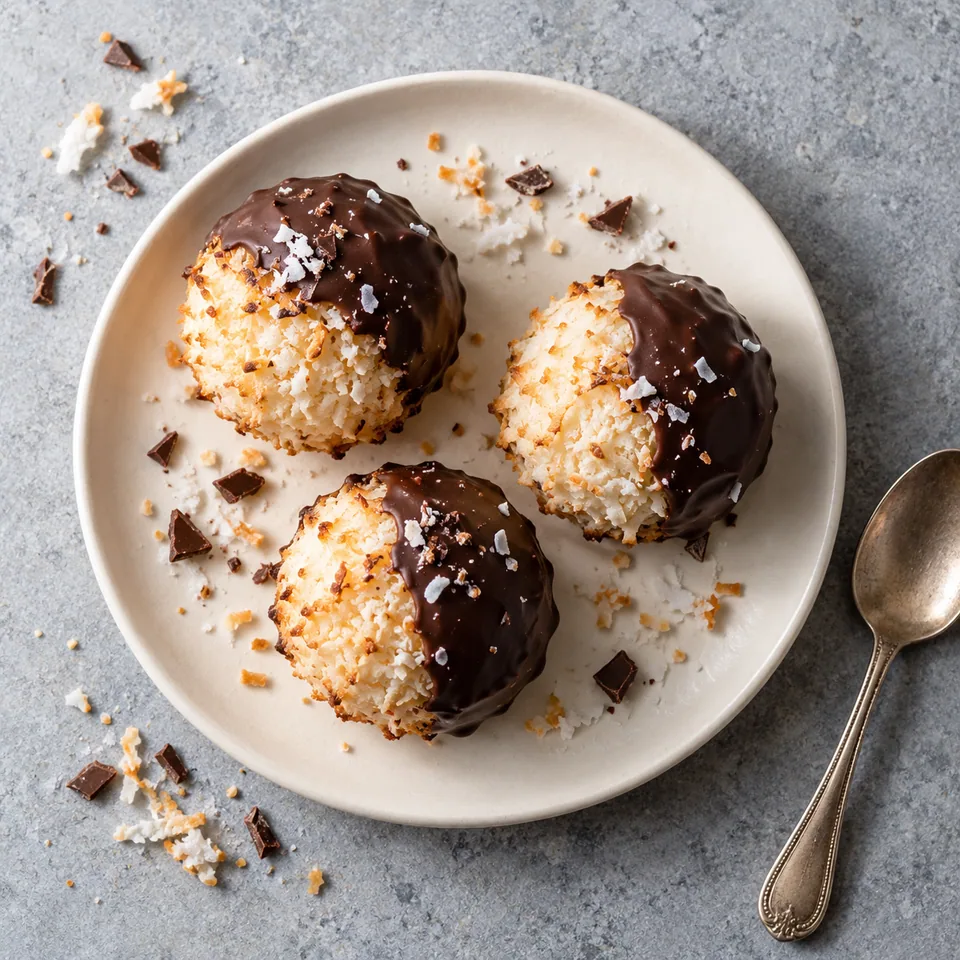Trois bouchées coco enrobées de chocolat noir sur une petite assiette blanche, montrant la texture râpée et le glaçage brillant.