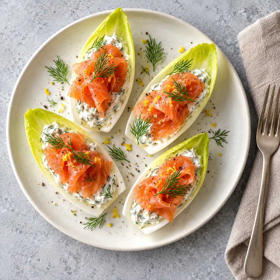 Bouchées d’endive au saumon fumé : 4 feuilles d'endive garnies de crème à l'aneth et de saumon rose sur assiette blanche.