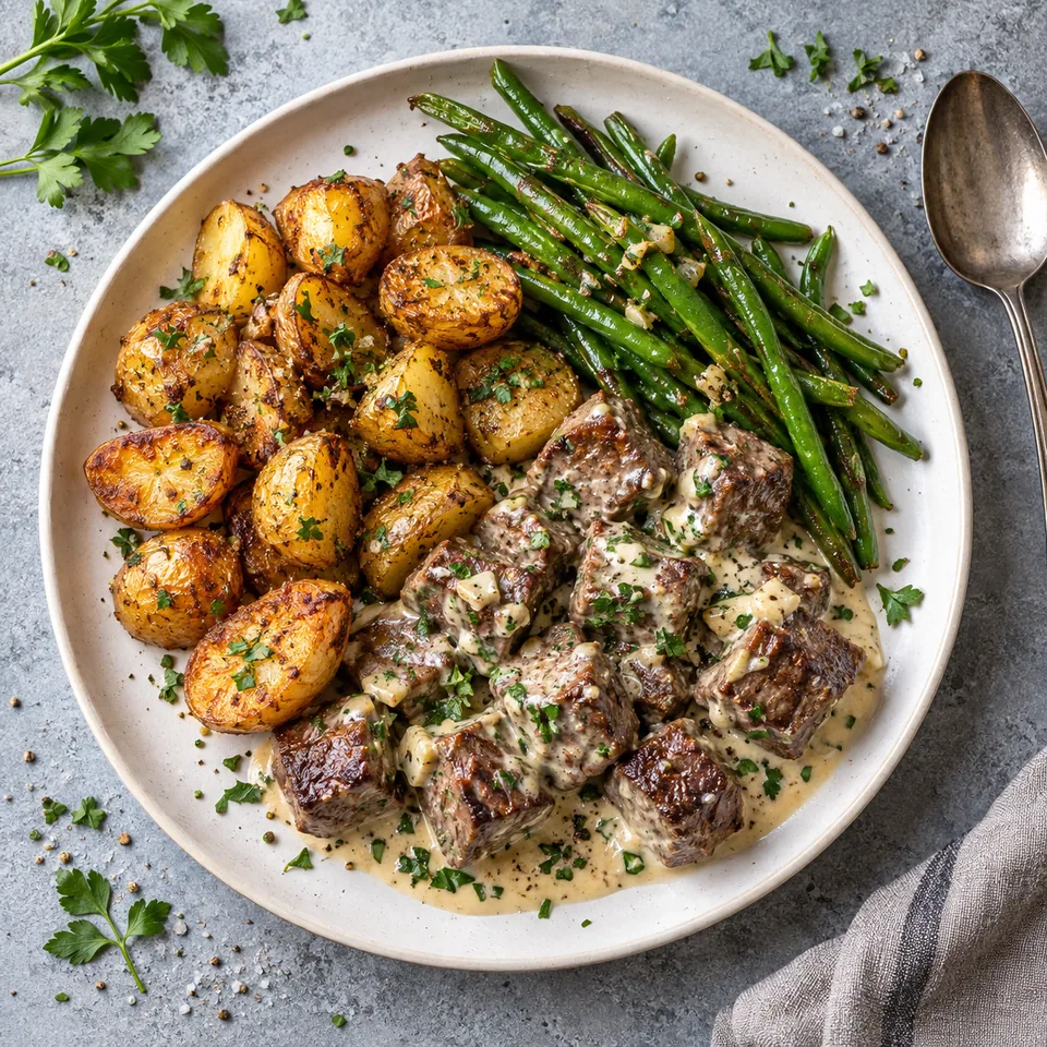 Bouchées de bœuf à l’ail et grenailles dorées sur assiette blanche