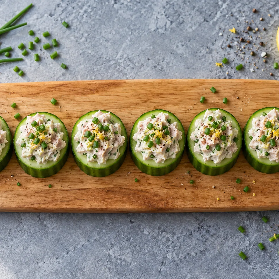 Bouchées de concombre au thon et à la ciboulette : rondelles de concombre garnies de crème au thon et parsemées de ciboulette sur une planche en bois.