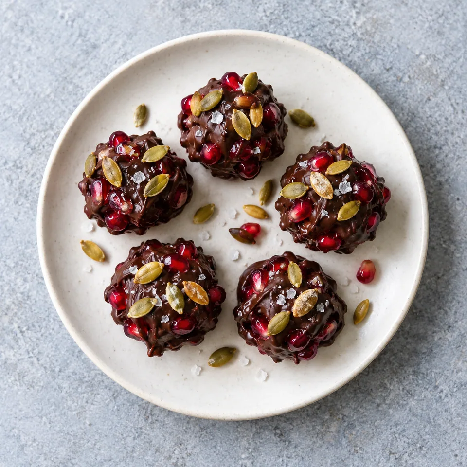 Bouchées de grenade au chocolat noir sur assiette blanche, grains nappés de chocolat, graines de courge et fleur de sel.