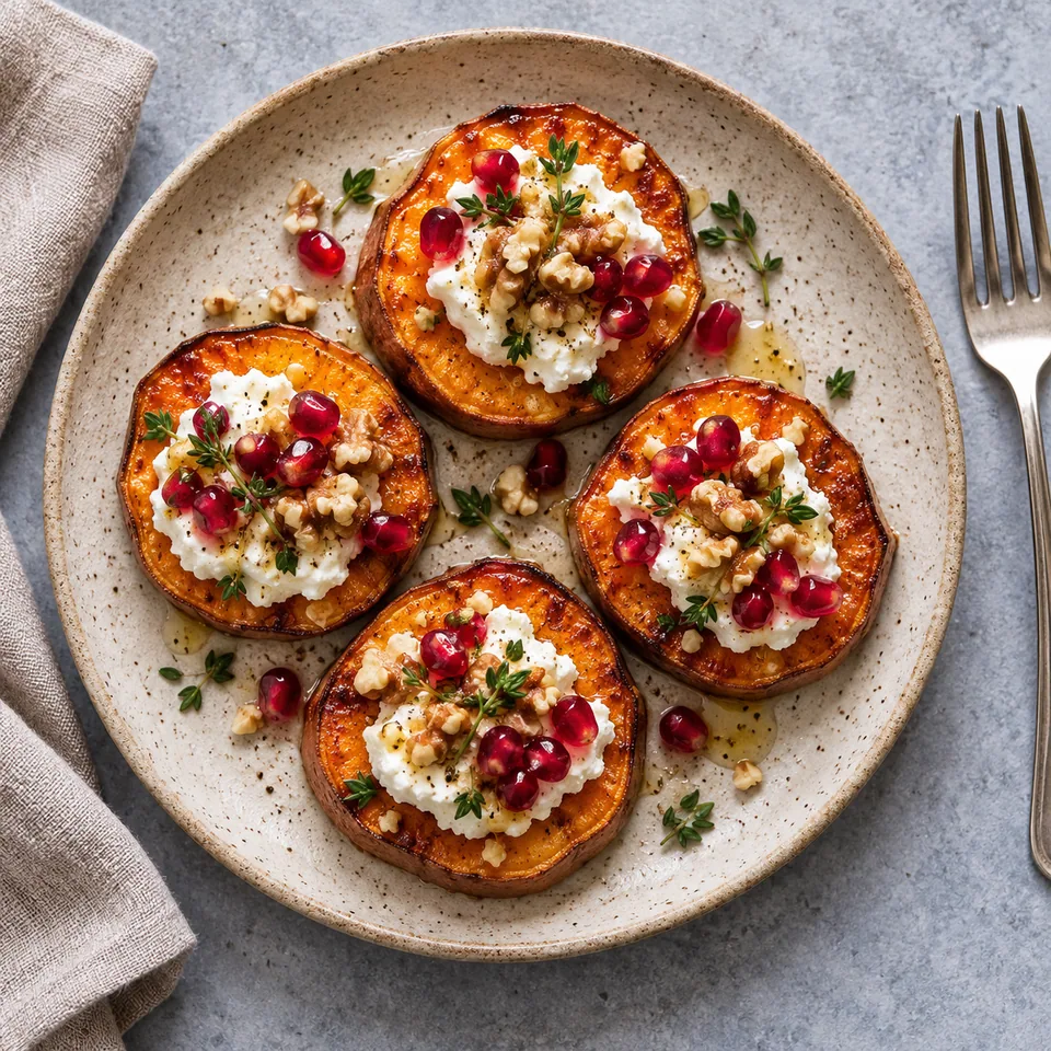 Bouchées de patate douce au chèvre et aux noix : rondelles dorées garnies de chèvre, noix et grenades sur assiette beige.