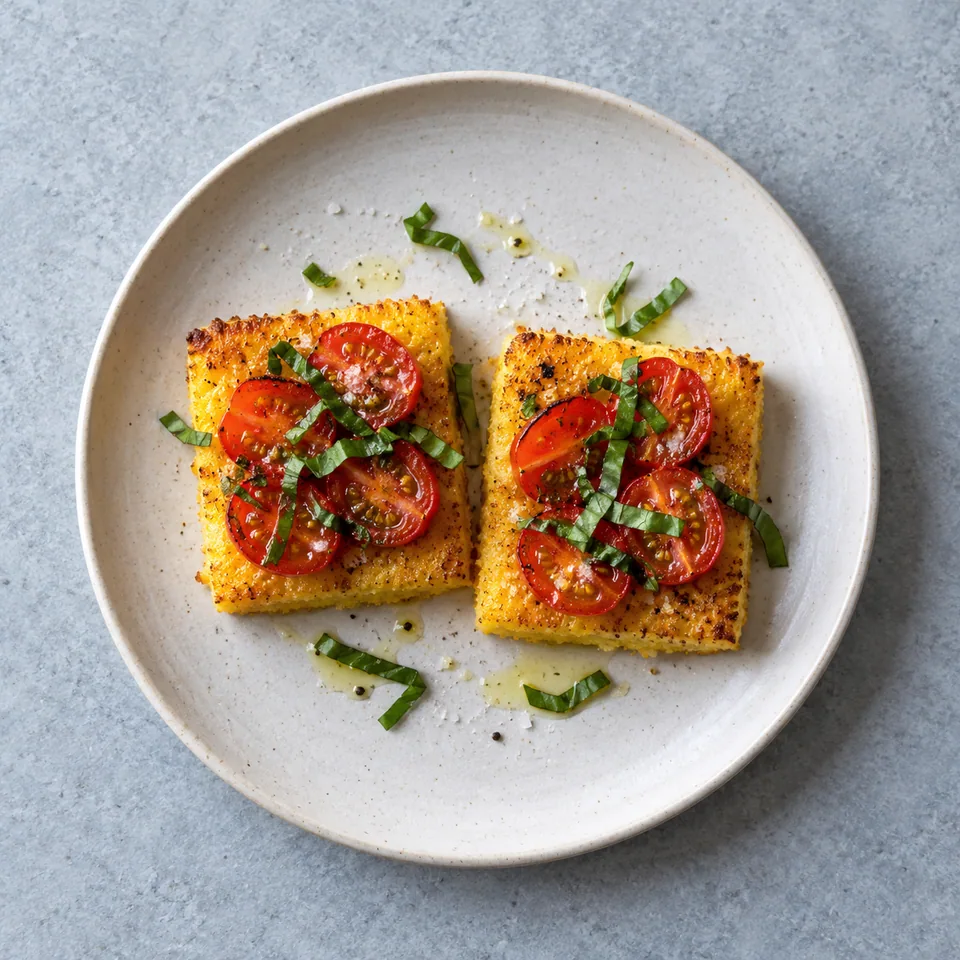 Bouchées de polenta à la tomate : carrés dorés garnis de demi-tomates cerises et basilic ciselé.