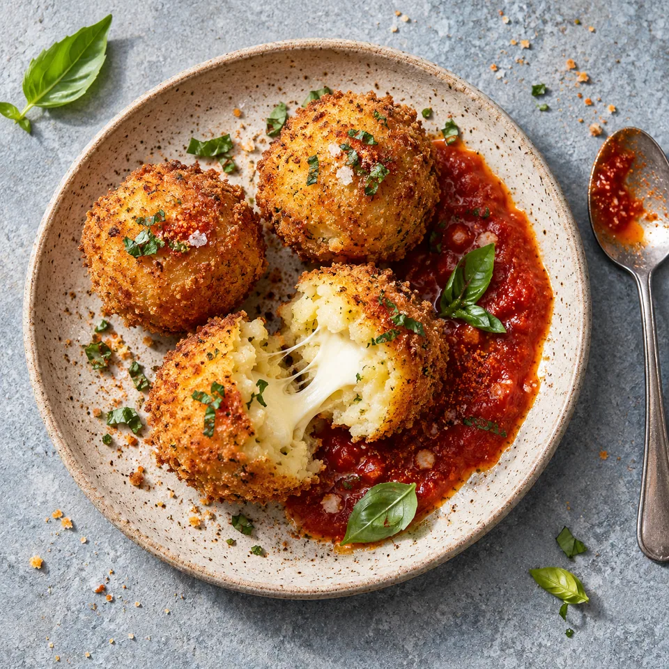 Bouchées de pomme de terre cœur mozzarella dorées et croustillantes, accompagnées de coulis de tomate rouge sur une assiette beige.