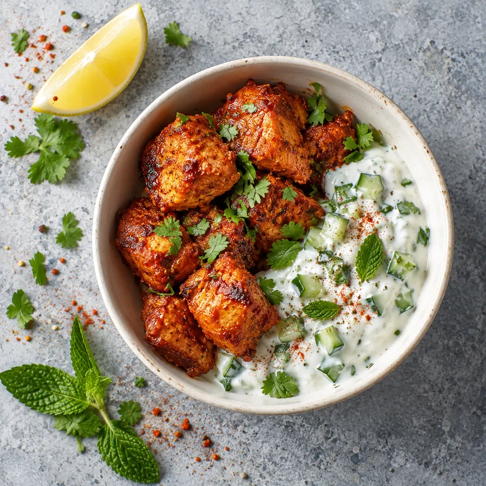 Bouchées de poulet tandoori dorées et croustillantes servies avec une raïta blanche au concombre et menthe dans un bol blanc.
