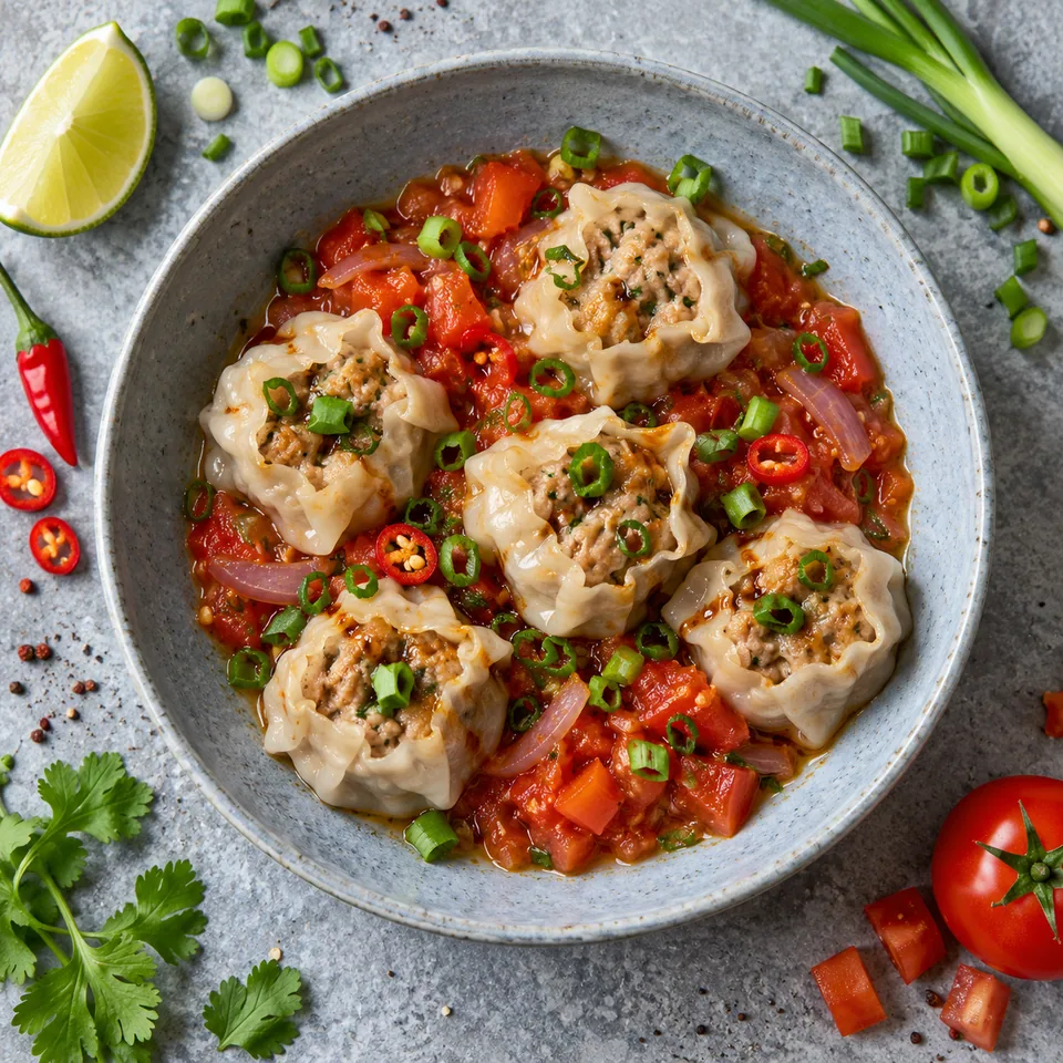 Bouchons réunionnais au porc et rougail tomate : raviolis vapeur sur lit de tomates et oignons rouges, parsemé de ciboule.