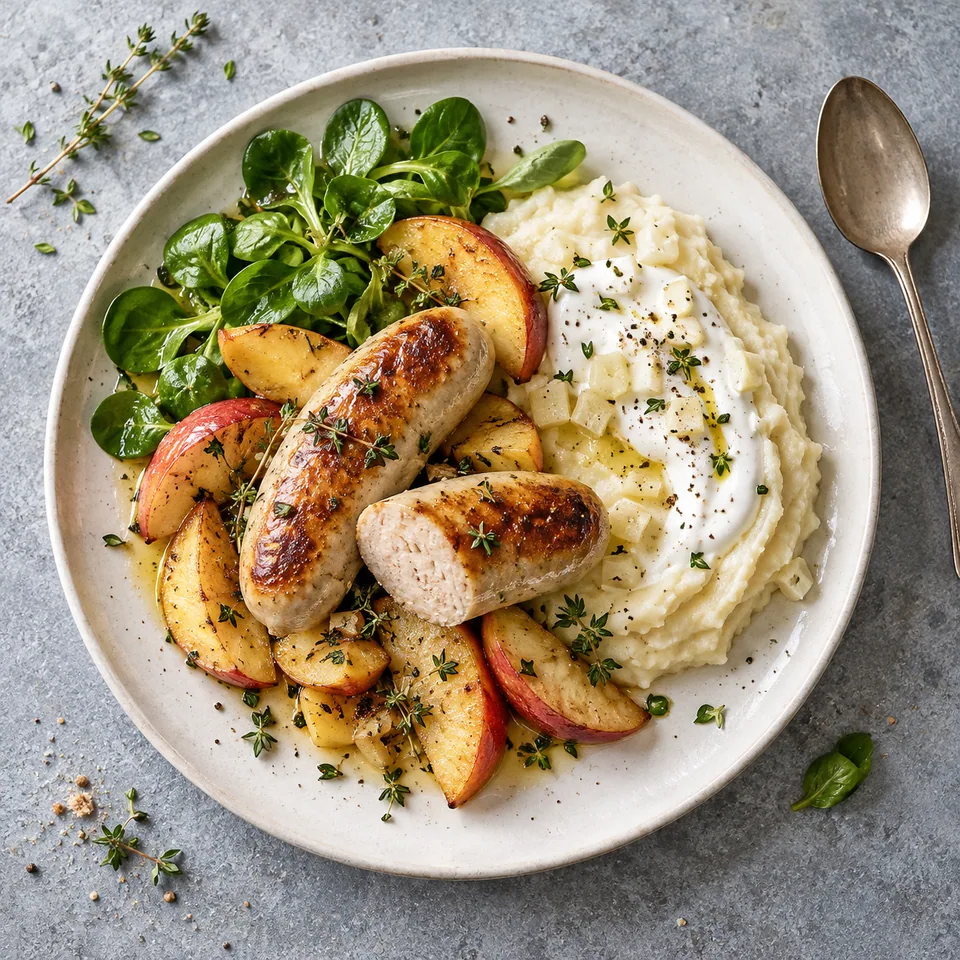 Boudin blanc rôti, pommes au thym et céleri : boudins dorés, pommes fondantes et purée de céleri blanc sur assiette blanche.