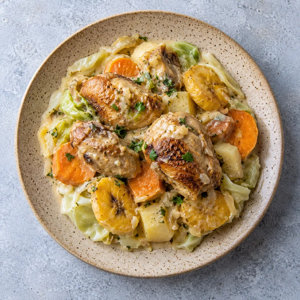 Bougna de poulet, patate douce et banane au lait de coco : portion servie sur assiette beige sable moucheté, sauce coco brillante.