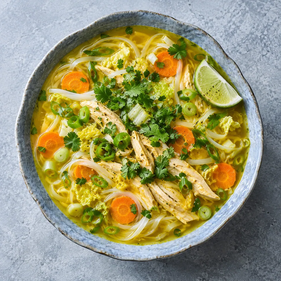 Bouillon gingembre-curcuma aux nouilles de riz, poulet, carottes et coriandre dans un bol en grès.