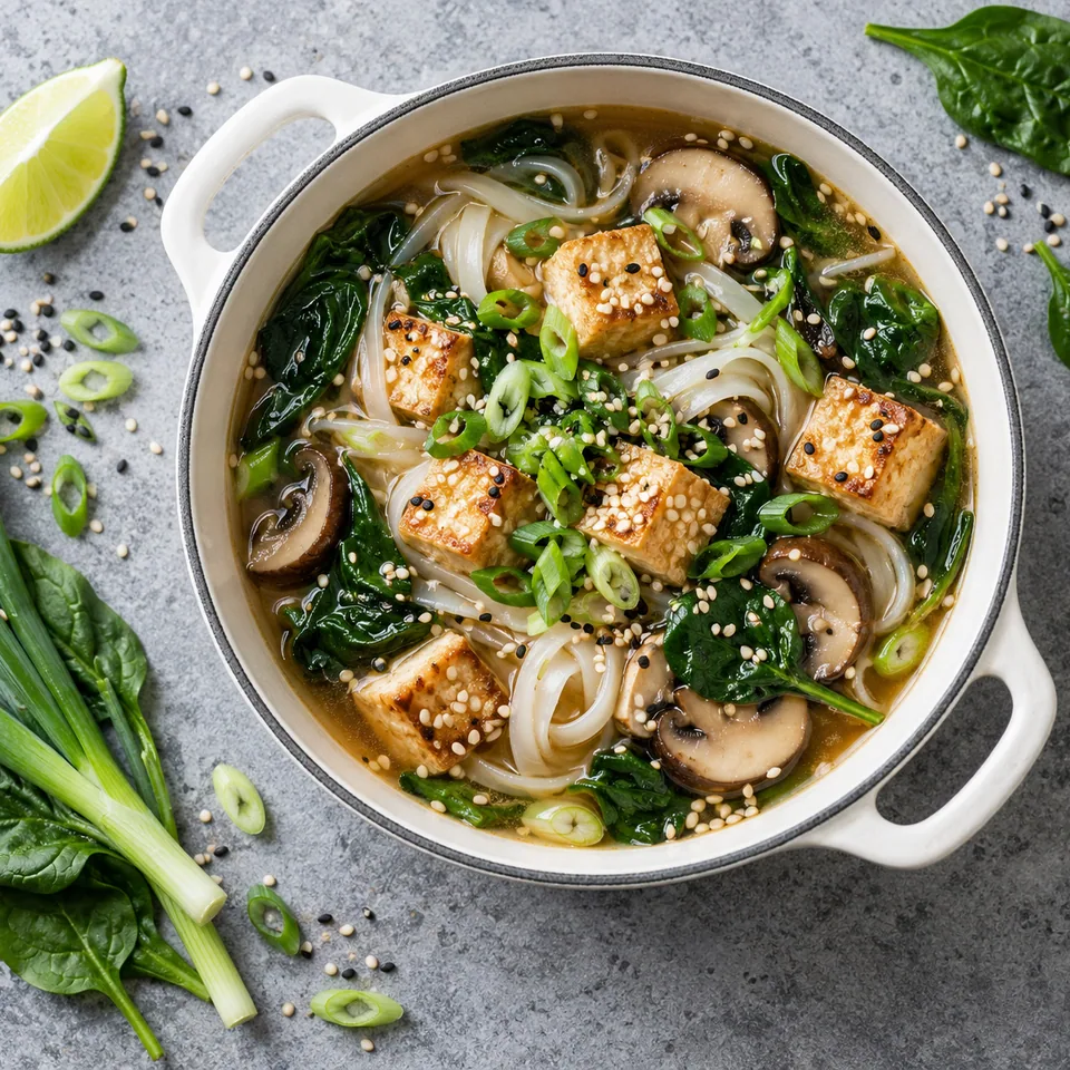 Bouillon miso aux nouilles de riz, tofu et épinards : dés de tofu dorés au sésame, épinards verts et nouilles dans un bouillon clair, servis dans une petite cocotte blanche.