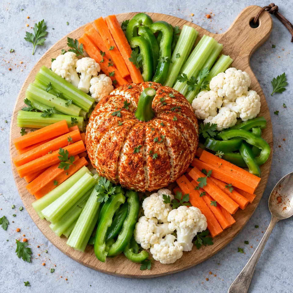 Boule de fromage frais façon citrouille sur planche en bois, entourée de crudités coupées.