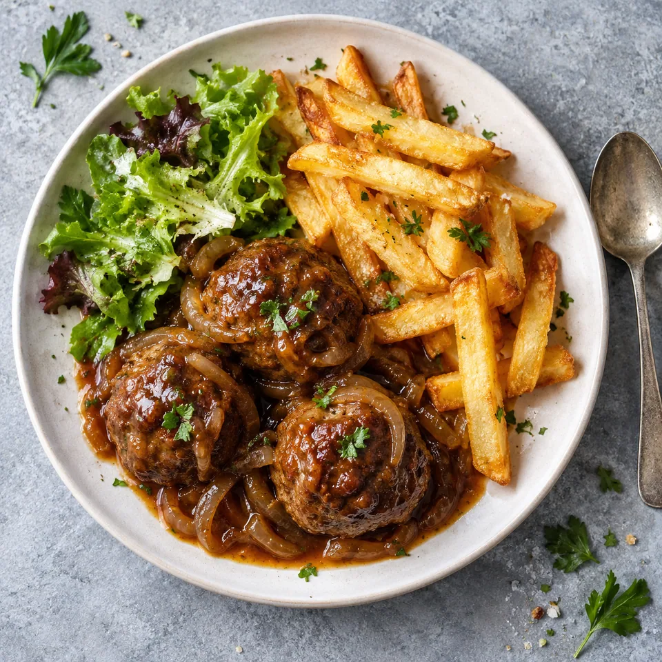 Boulets à la liégeoise : trois boulettes sauce oignons, frites dorées et salade verte sur assiette blanche.