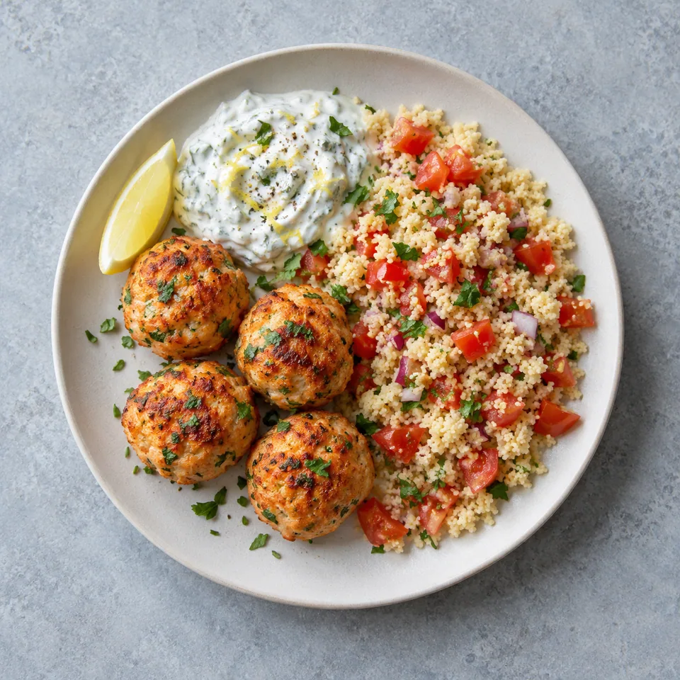 Boulettes de cabillaud aux épices : cinq boulettes dorées, semoule aux tomates et oignon, sauce blanche au yaourt.