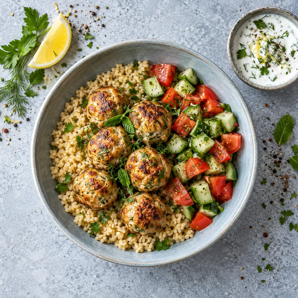 Boulettes de dinde, boulgour et yaourt citronné : boulettes dorées sur boulgour avec dés de concombre et tomate, sauce blanche à part.
