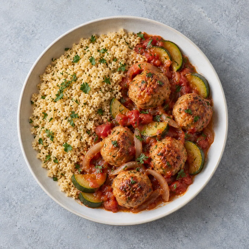 Boulettes de dinde en sauce tomate avec courgettes, oignon et semoule complète, servies sur une assiette.