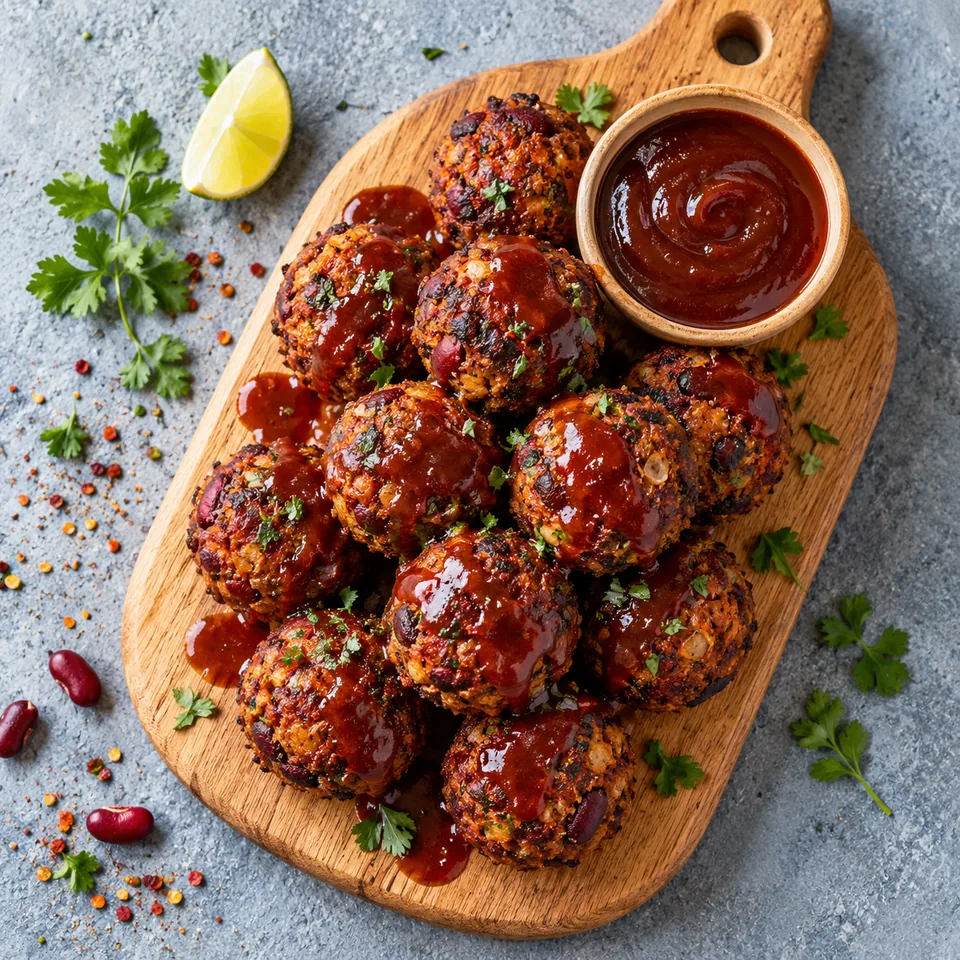 Boulettes de haricots rouges, sauce barbecue maison : boulettes dorées et sauce rouge brillante sur une planche en bois.