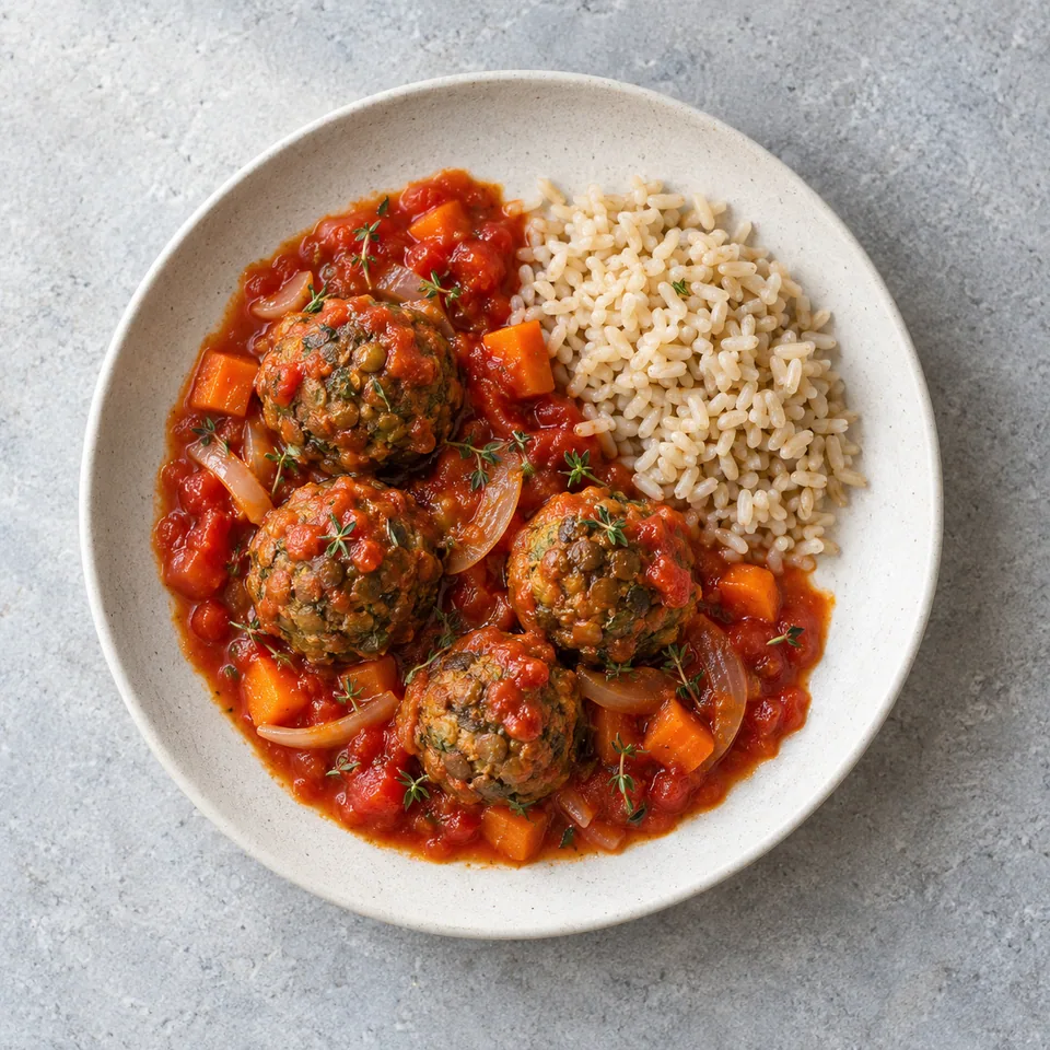 Boulettes de lentilles à la tomate : quatre boulettes en sauce rouge, dés de carotte et oignons, avec un petit tas de riz complet.