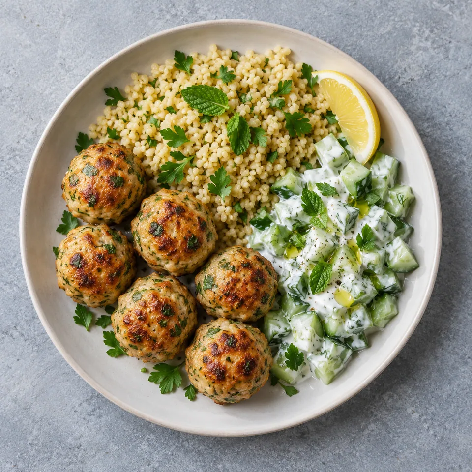 Boulettes de poulet à la grecque : six boulettes dorées, boulgour et salade de concombre au yaourt.
