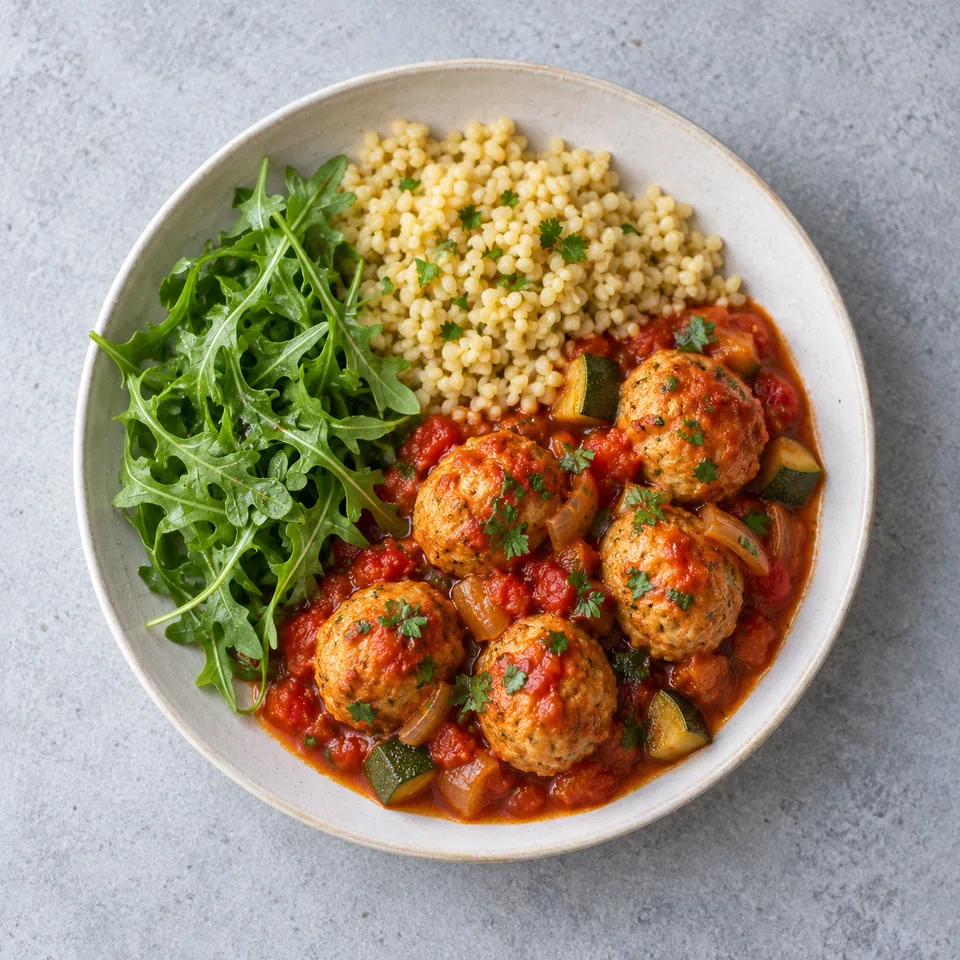 Boulettes de poulet à la sauce tomate : cinq boulettes dorées, sauce rouge aux courgettes, boulgour blond et roquette verte.