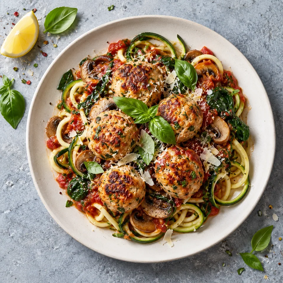 Boulettes de poulet, courgettes à la tomate : boulettes dorées, courgettes en spirales, sauce tomate, épinards, parmesan et basilic sur assiette blanche.