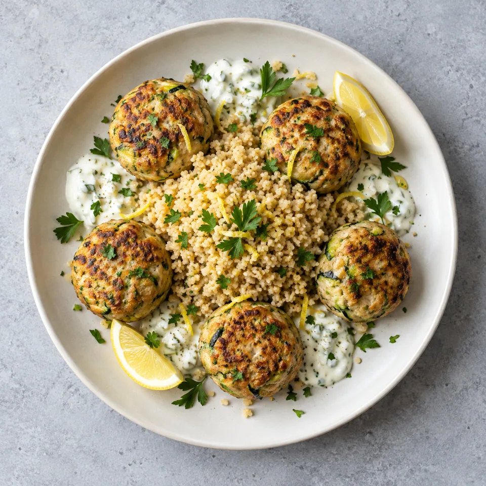 Boulettes de thon, courgette et semoule : cinq boulettes dorées, semoule complète, sauce blanche au yaourt et persil.