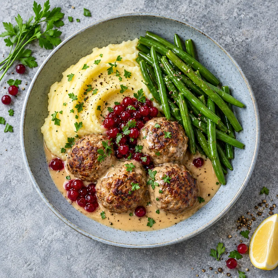 Assiette de boulettes suédoises dorées, purée de pommes de terre, haricots verts et airelles.