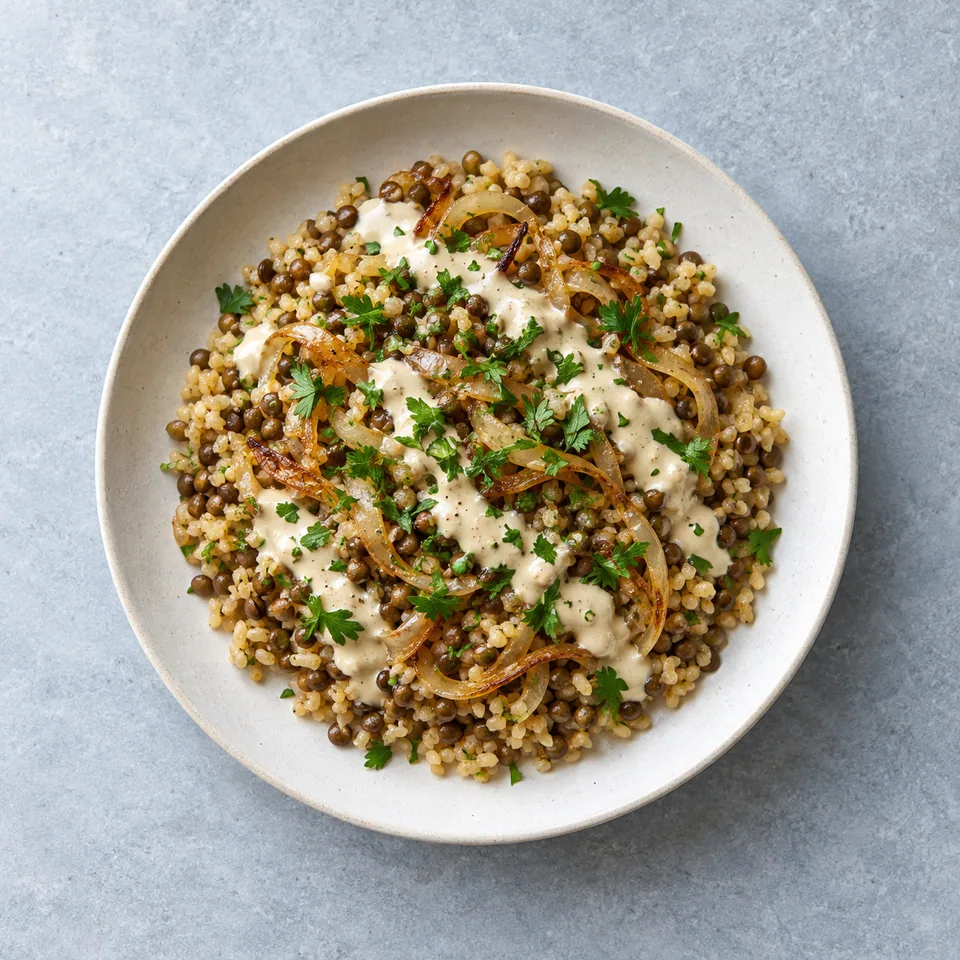 Boulgour aux lentilles en assiette, mélangé à des oignons dorés, nappé de tahini et parsemé de persil.