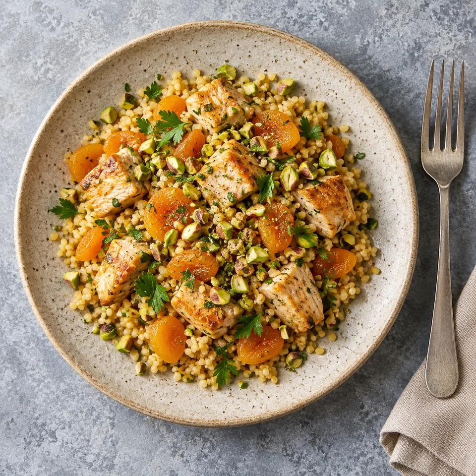 Boulgour de dinde aux abricots et pistaches servi sur une assiette en grès beige moucheté, parsemé de pistaches et d'herbes.