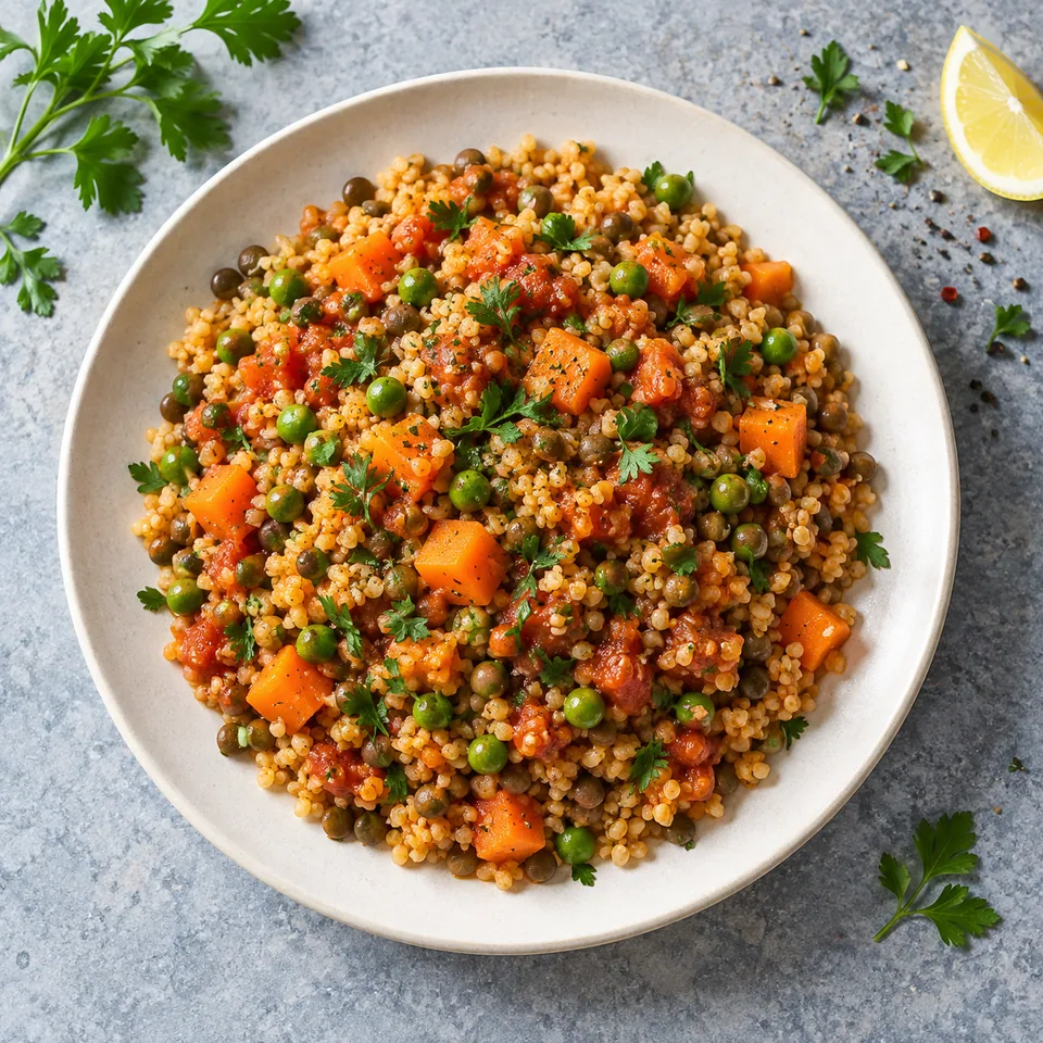Boulgour fondant aux légumes et lentilles servi sur une assiette blanche, garni de persil.