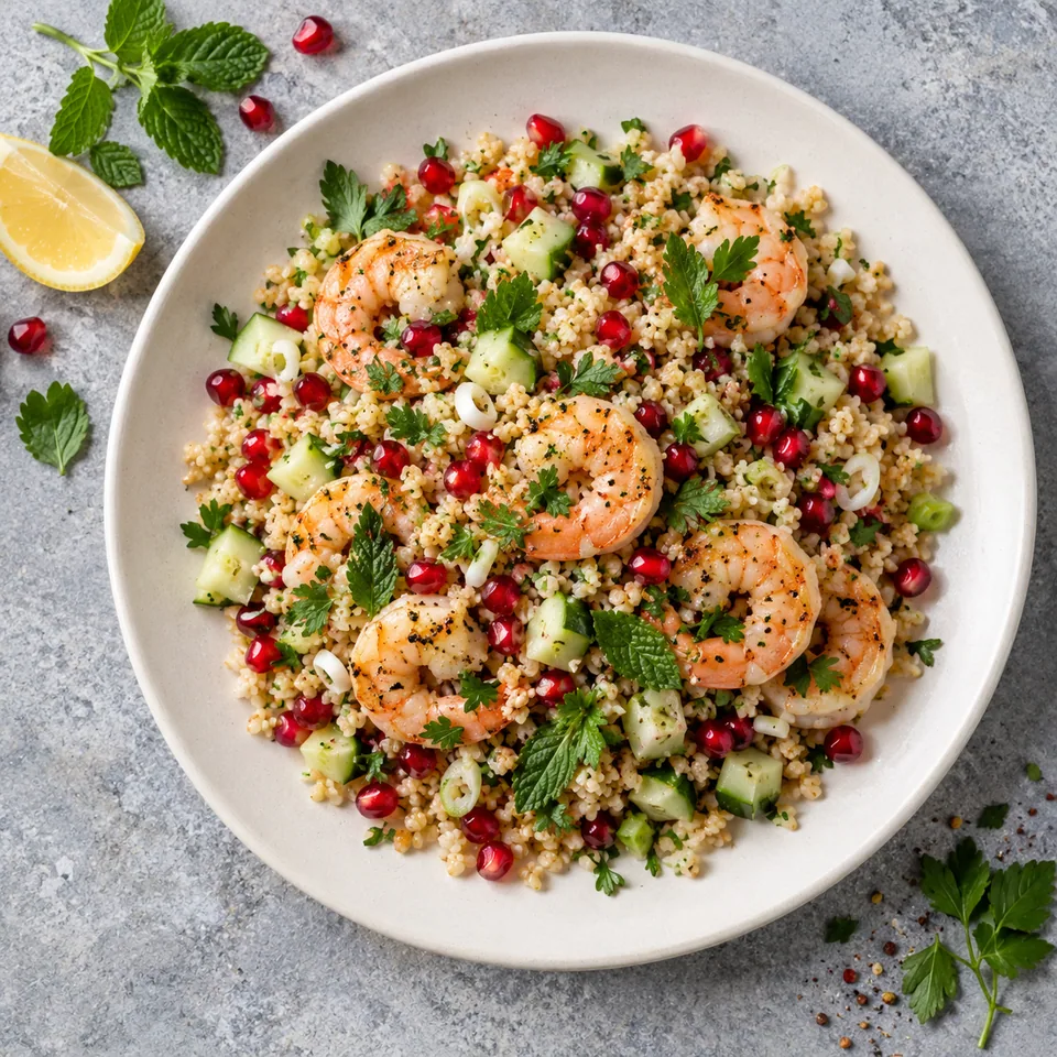 Boulgour tiède aux crevettes et grenade sur assiette blanche : grains de boulgour, crevettes roses, dés de concombre, grenade et herbes fraîches.