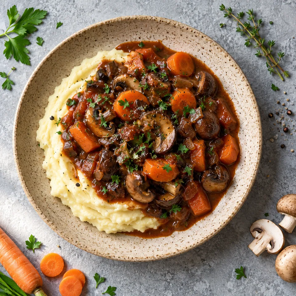 Bourguignon de champignons et carottes sur purée maison, sauce rouge brillante sur purée crémeuse, assiette grès beige.