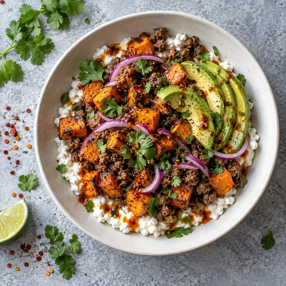 Bowl bœuf, patate douce et cottage cheese : bol blanc cassé avec ingrédients colorés et sauce miel brillante.
