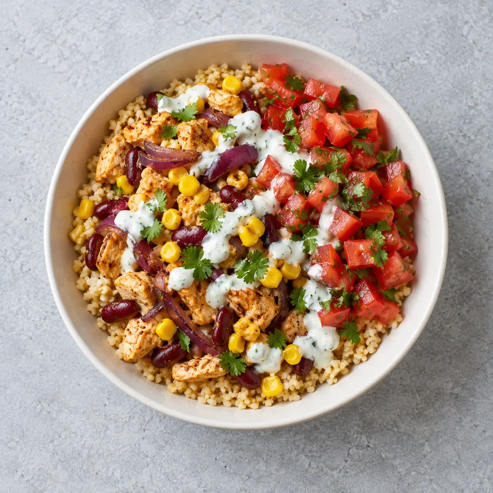 Bowl burrito à la dinde et au maïs : boulgour, dinde, haricots rouges, maïs, tomates et sauce au yaourt.