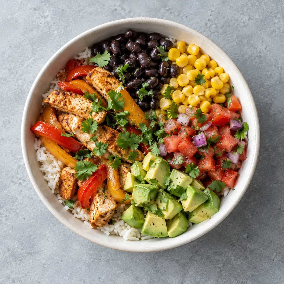 Bowl burrito au poulet : riz, poulet, poivron, haricots noirs, maïs, salsa tomate-oignon, avocat et coriandre.